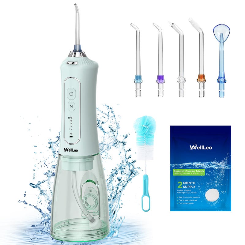 WellLeo Water Flosser for Teeth 300ML Cordless Oral Irrigator Rechargeable Dental Flosser Picks with 5 Modes 5 Jet TipsIPX7 Waterproof Teeth Cleaner for Braces Gum Care Home Travel Use